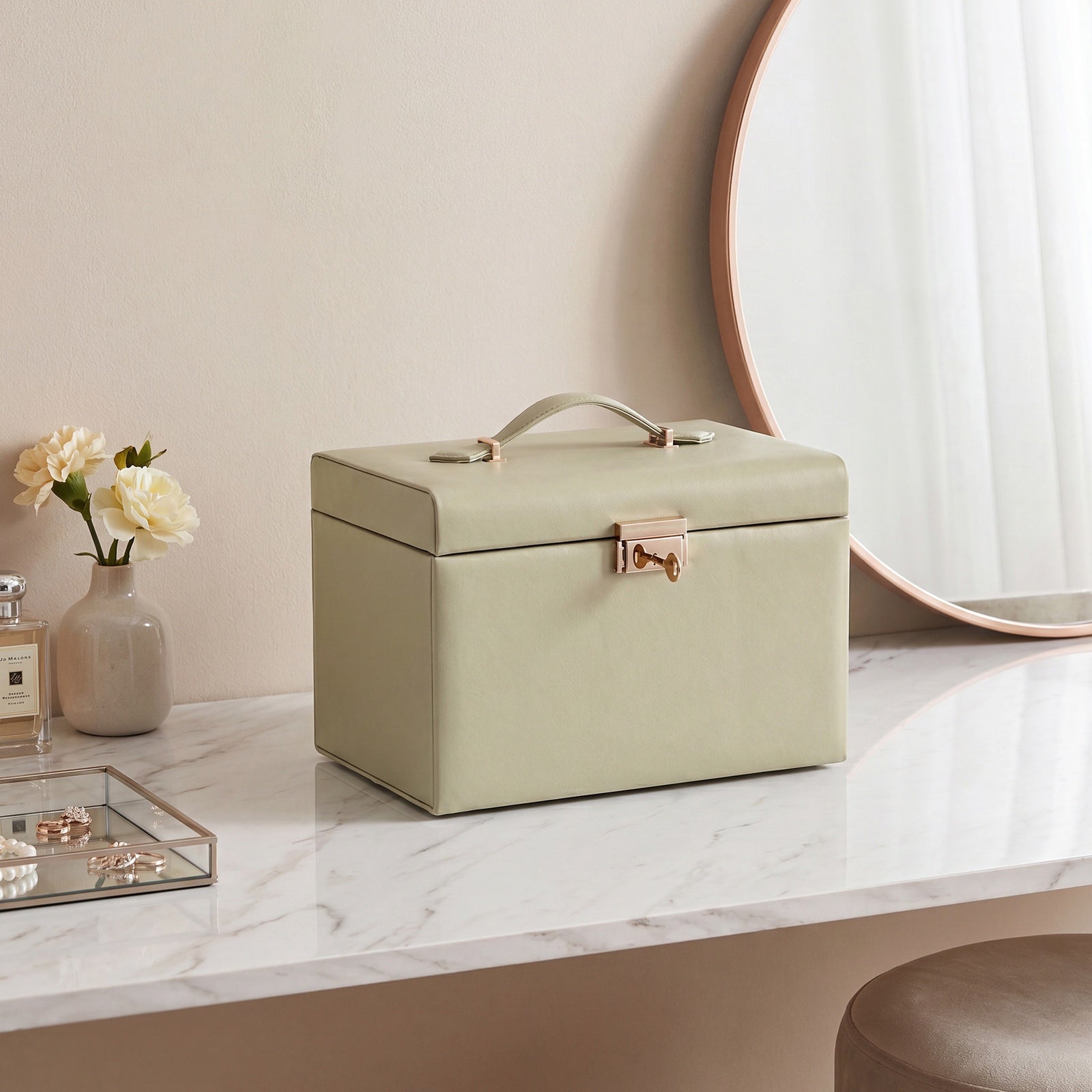 JOYFURNOS Boîte de rangement pour bijoux à 3 niveaux, Organisateur verrouillable avec poignée et 2 tiroirs, Cadeau pour femme, Usage de voyage, Vert
