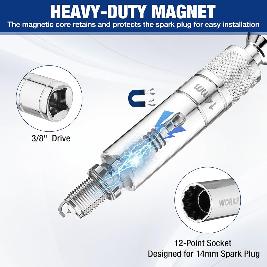 WORKPRO 14 mm Douille magnétique pour bougie d'allumage, 3/8" de couple x 100 mm acier Cr-V trempé, Forte fixation magnétique, Conception pivotante à 360°