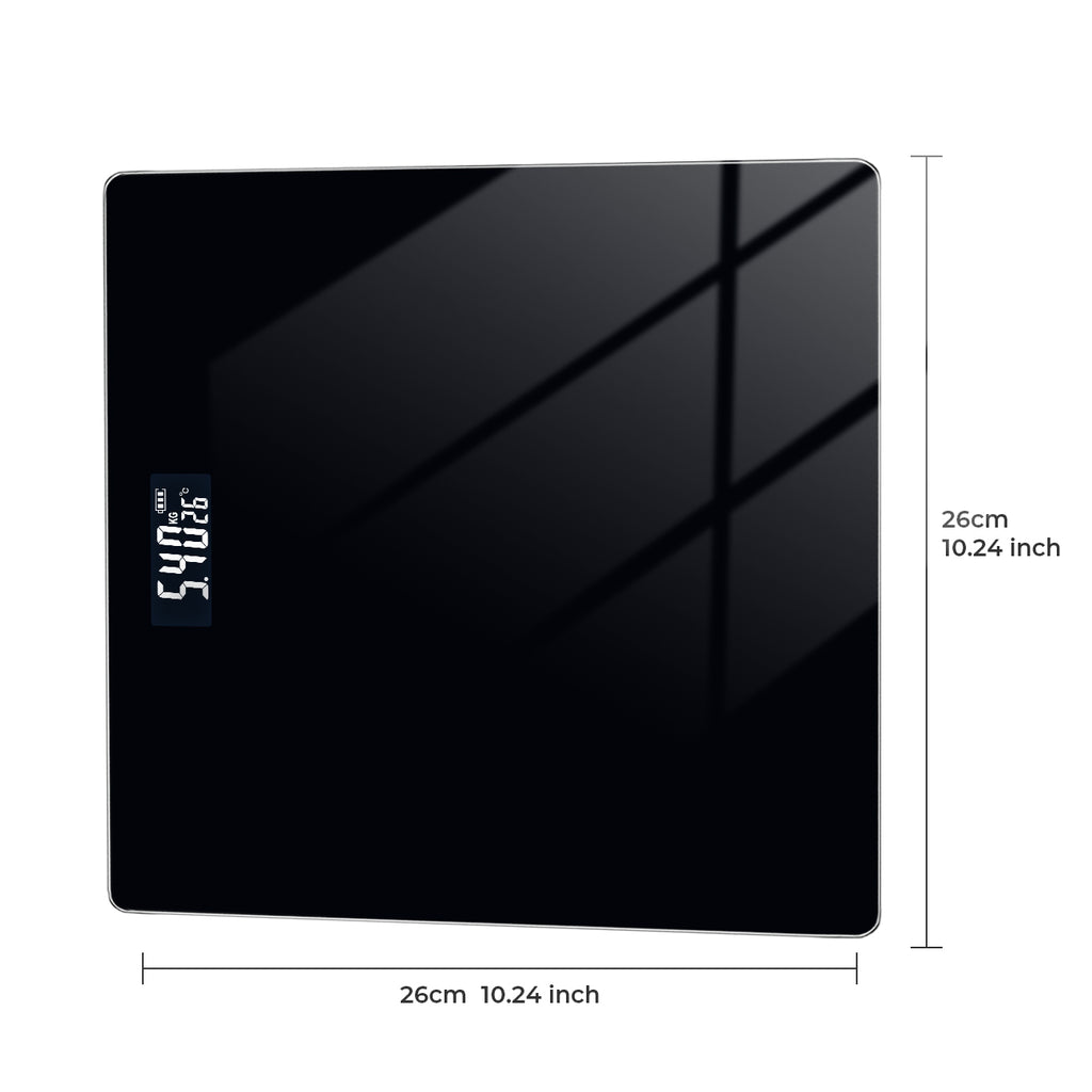 Sparoma Pèse-personne numérique noir AD-26 – Fonctionnant sur piles (2 × AAA, piles non incluses), capacité 180 kg/400 lb, précision 0,05 kg, verre trempé 4 mm, écran LCD, pour salle de bain, chambre et usage domestique
