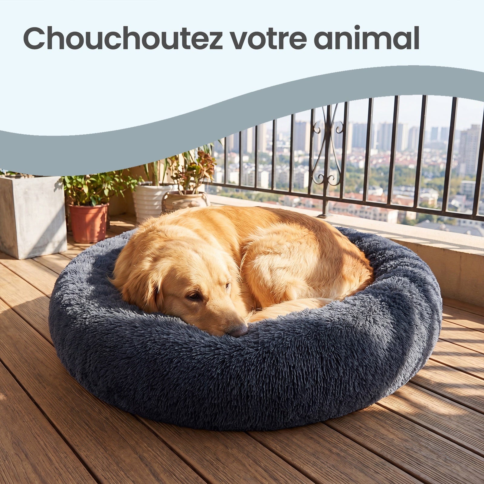 JOYFURNOS Panier donut apaisant moelleux pour chien avec housse amovible lavable Gris foncé