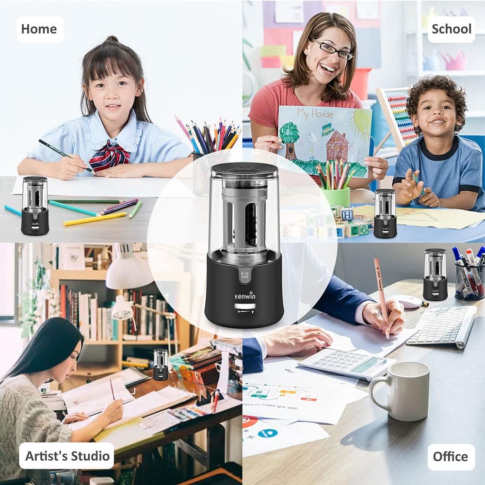 tenwin Taille-crayon électrique avec récipient, alimenté par adaptateur secteur, pour crayons de couleur de 6 à 12 mm, arrêt automatique, pour artistes, enfants, bureau