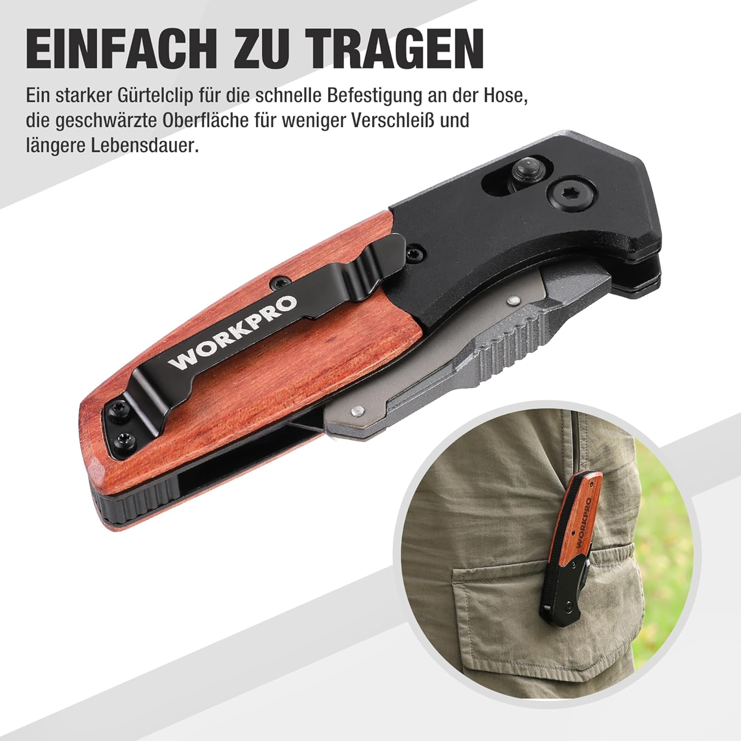 WORKPRO Cutter utilitaire multifonction pliant avec manche en bois, verrou coulissant et clip de ceinture, comprend 10 lames de rechange SK5