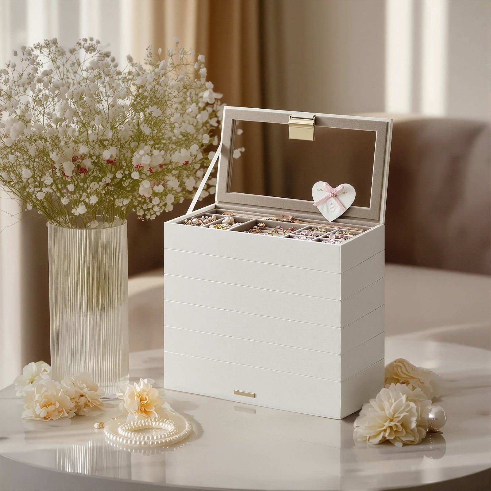 JOYFURNOS Plateaux à Bijoux Empilables , Boîte à Bijoux 6 Niveaux, Grand Coffret à Bijoux avec Couvercle en Verre Transparent, 17 x 28 x 25,3 cm, pour Coiffeuse, Idée Cadeau, Blanc Nuage