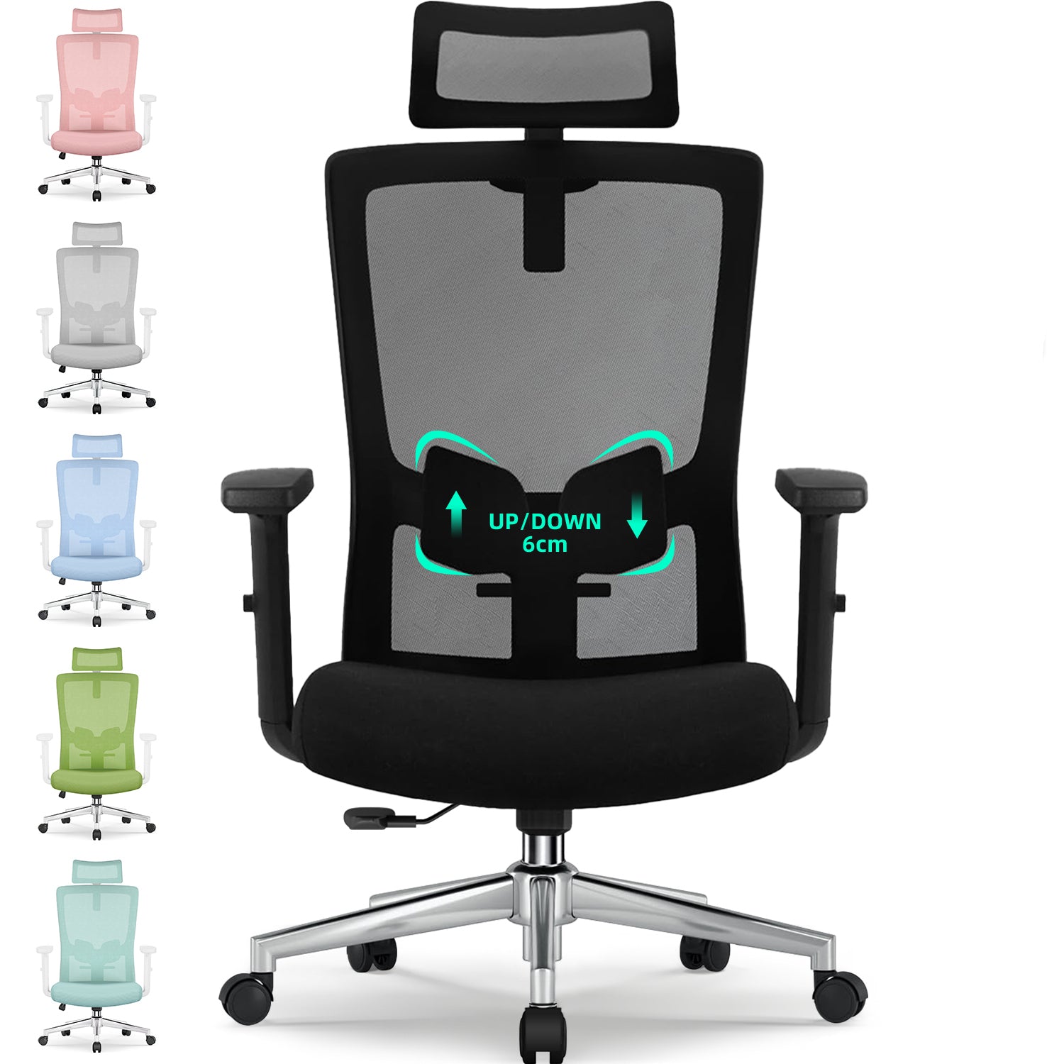 GTIMEX Fauteuil de bureau ergonomique avec soutien lombaire réglable, accoudoirs et appui-tête, fauteuil de bureau pivotant 150 kg, fonction bascule jusqu'à 135°