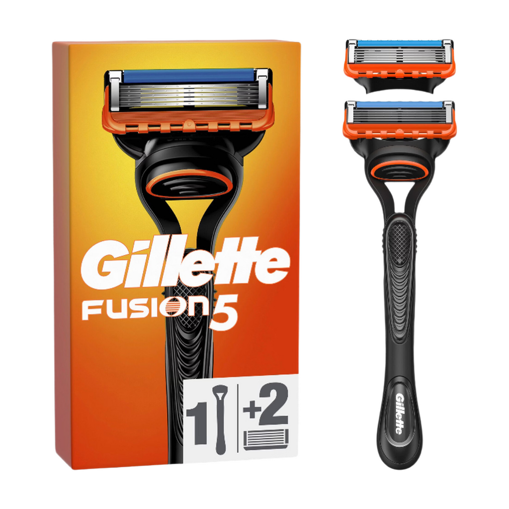 Gillette Rasoir Homme Fusion 5, avec 2 Cartouches, Noir | Manche Réutilisable, Tête de Rechange à 5 Lames en Acier Inoxydable pour Rasage Confortable, Garde-Confort à Micro-Lamelles