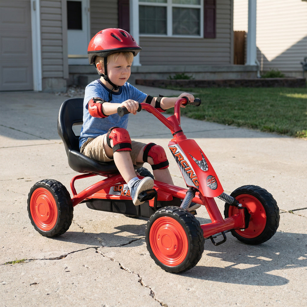 Costway Kart à pédales pour enfants, Siège réglable à 2 positions, 4 roues robustes, Capacité de charge 30 kg, Convient aux 3-8 ans, Rouge