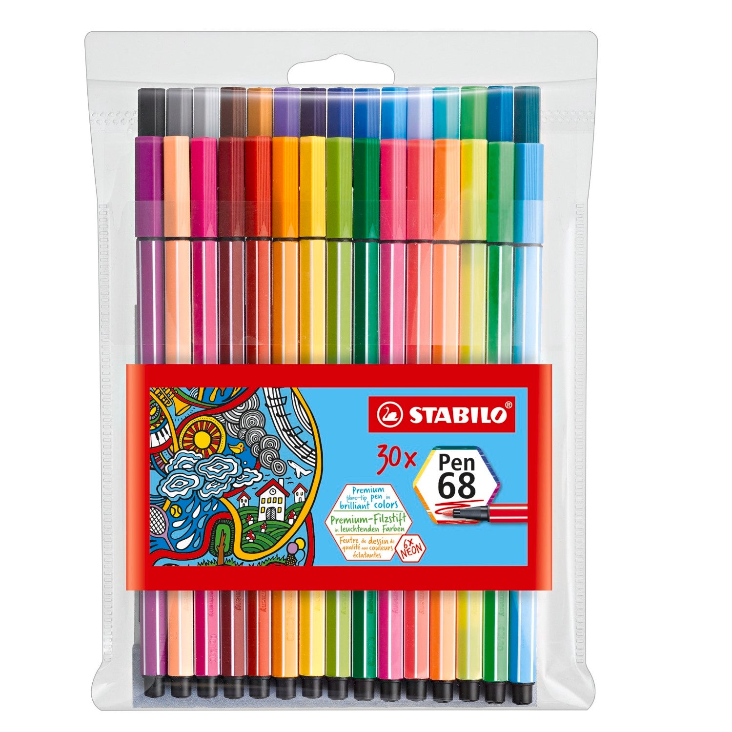 STABILO Pen 68 Pochette de 30 feutres de dessin de qualité premium coloris assortis dont 6 fluo