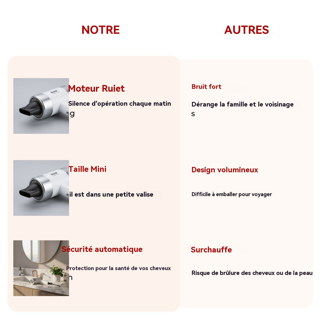 RAF Sèche-cheveux 800 W, séchage rapide 12 000 tr/min, protection contre la surchauffe, ABS, modes de température interchangeables, style salon professionnel pour la maison