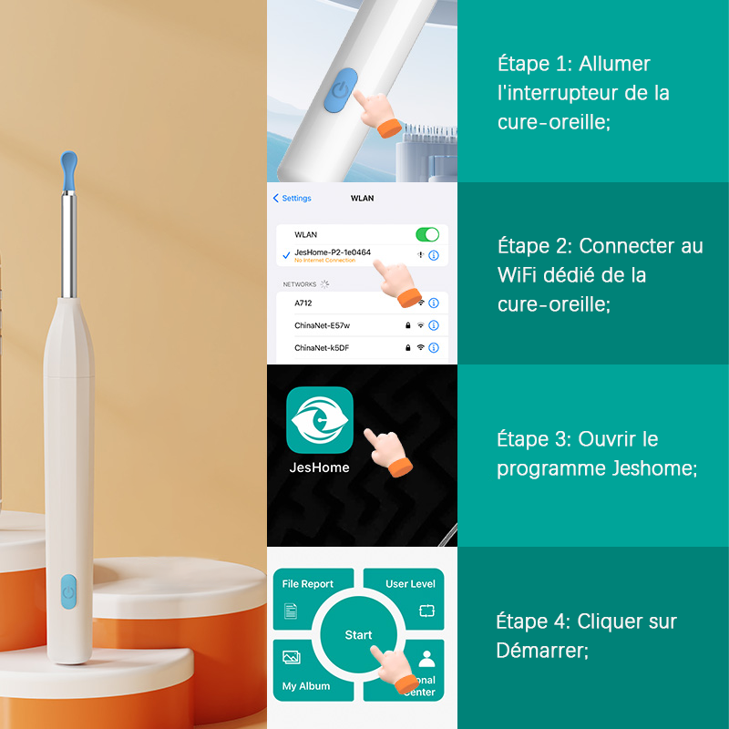 Sunluxy P2 Otoscope avec caméra HD 5 MP, 6 LED, embout en silicone souple, étanche IPX5, recharge USB-C, compatible iOS et Android - Blanc