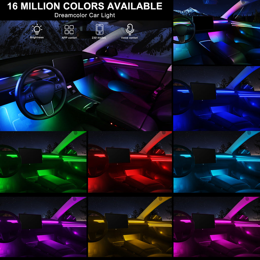 Dreamcolor Ruban LED à fibre optique avec application sans fil, RGB 18-en-1, 175 pouces, 593 LED et effet dynamique avec synchronisation musicale pour voiture
