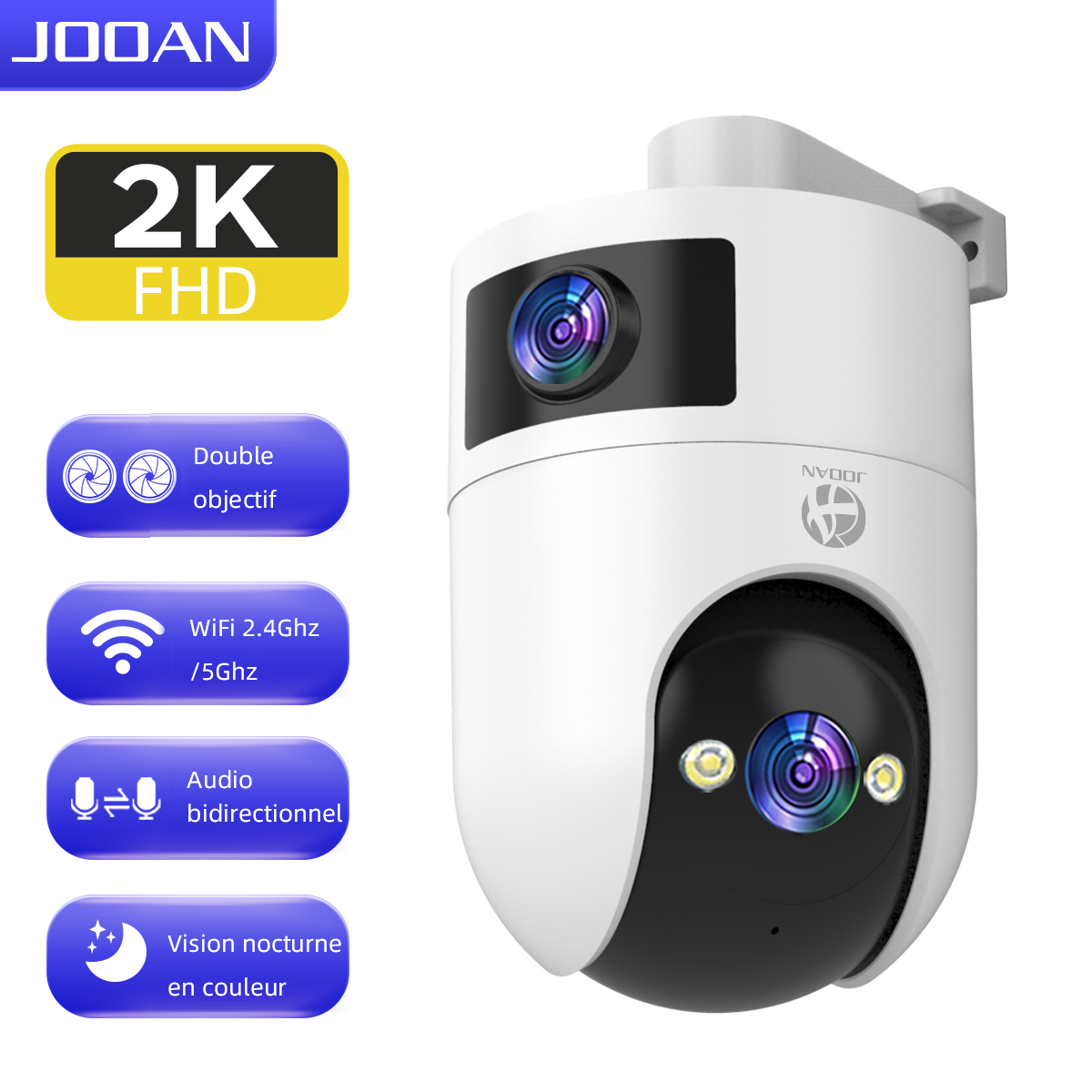 JOOAN W8-U X Caméra de sécurité intérieure/extérieure à double objectif, Wi-Fi double bande 2,4 GHz/5 GHz, vue 360°, IP66, vision nocturne couleur, enregistrement 24 h/24 et 7 j/7, suivi automatique, audio bidirectionnel, stockage en nuage/sur carte,