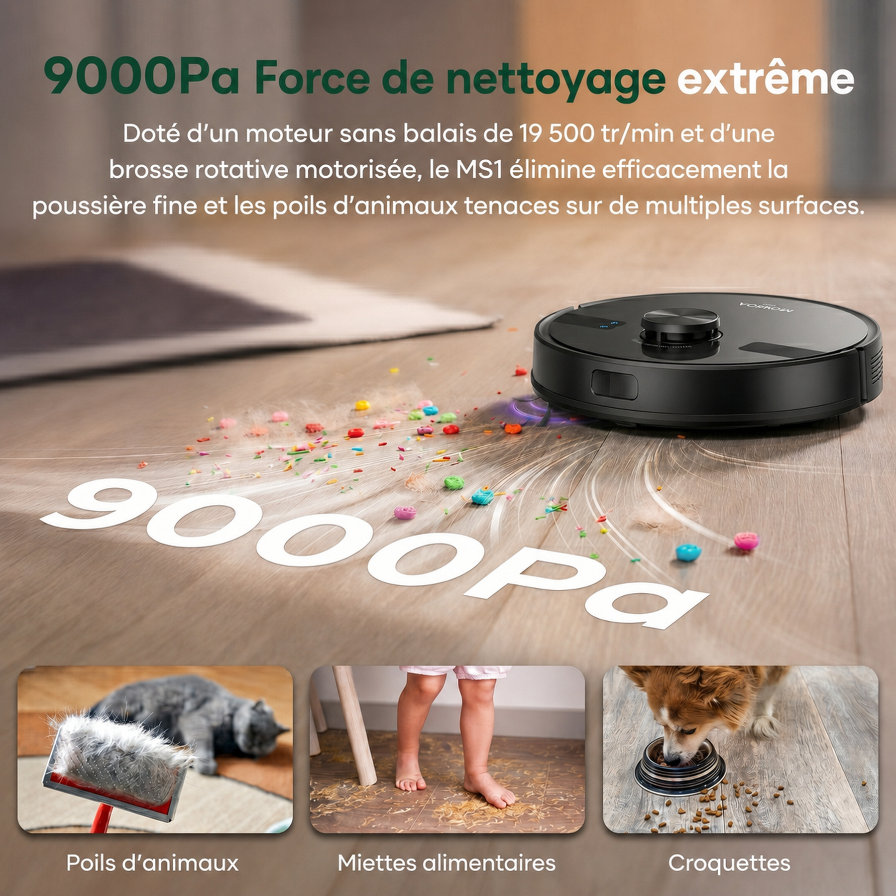 monsga MS1 Max Aspirateur robot laveur 2-en-1, 9000 Pa, station de vidage automatique 4,0 L, navigation LiDAR, autonomie 180 min, contrôle via application/télécommande/voix, pour sols durs et tapis