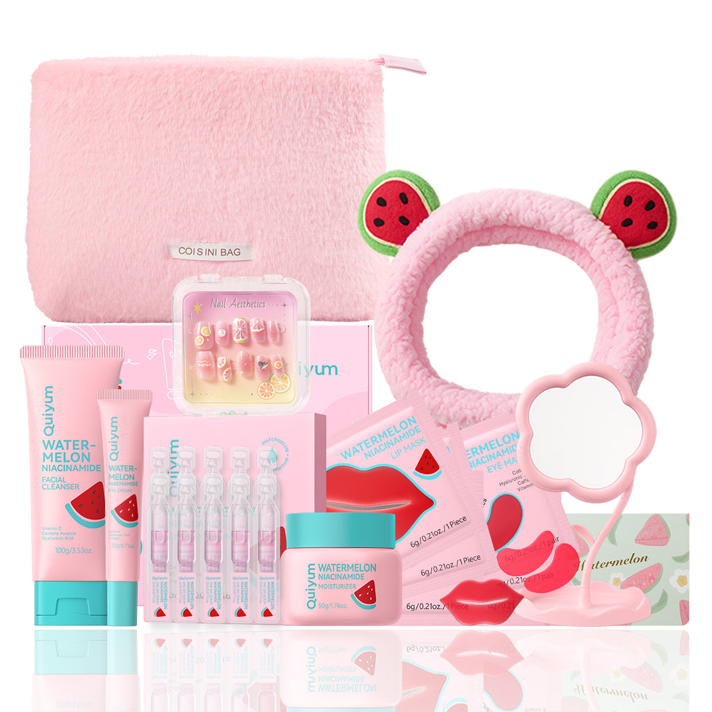 QUIYUM Coffret de soins à la pastèque - Nettoyant 100 g, Sérum 2 ml × 10, Crème contour des yeux 20 g, Masques pour le contour des yeux 6 g × 3, Masques pour les lèvres 6 g × 3