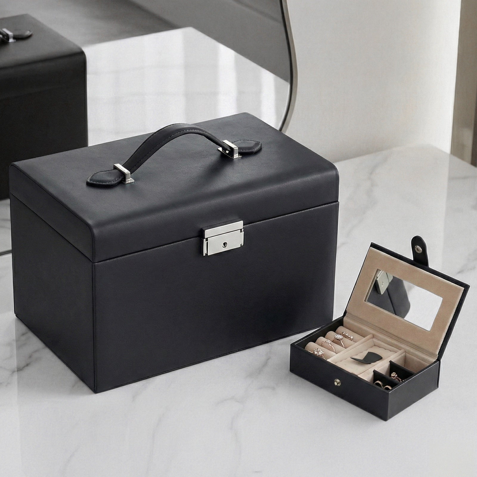 JOYFURNOS Boîte à bijoux 3 niveaux, Organisateur de bijoux avec 2 tiroirs, Étui à bijoux avec étui de voyage portable, Avec poignée, Verrouillable, Rangement pour bijoux, Cadeau pour les proches, Noir