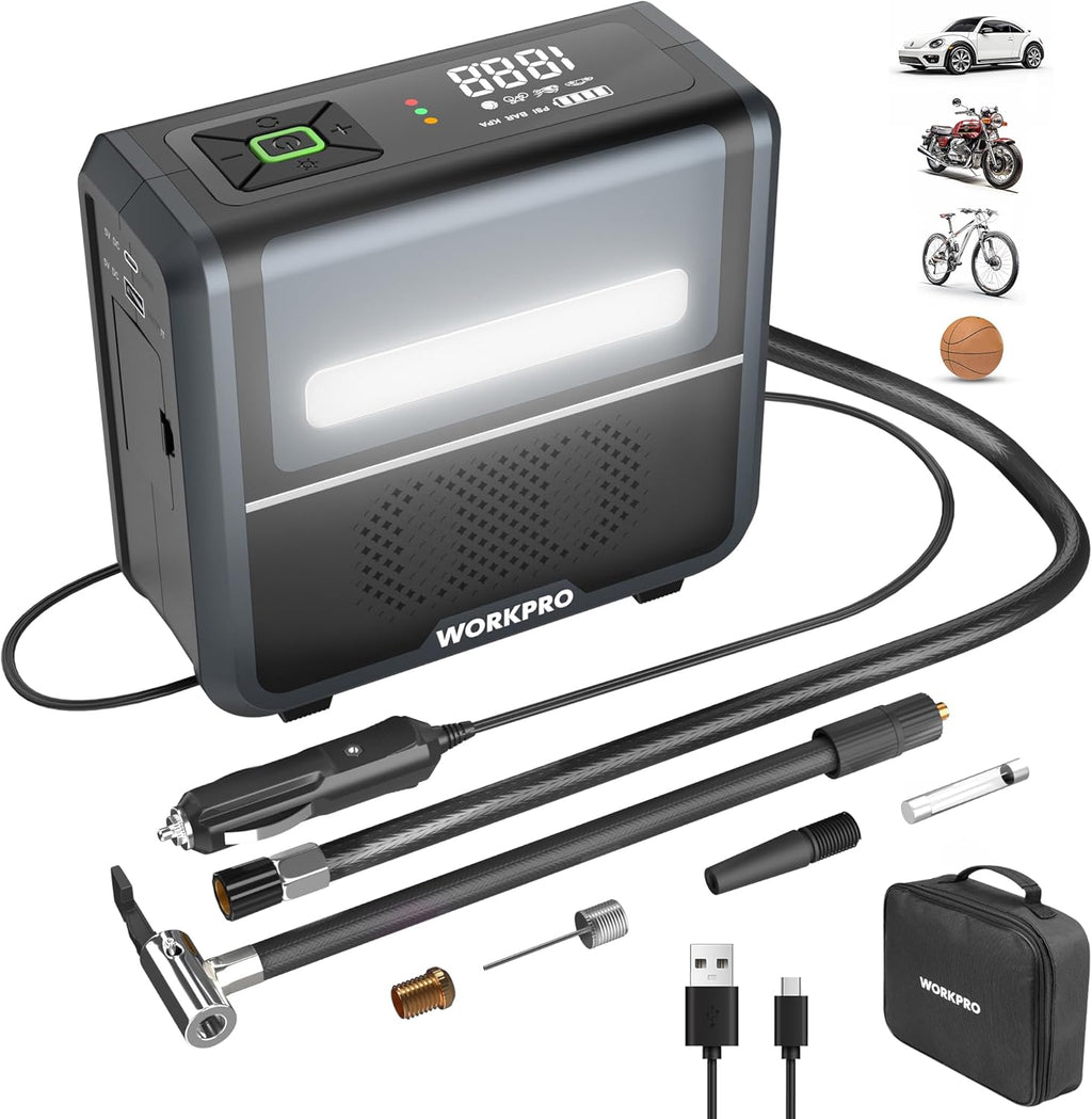WORKPRO pompe à air électrique sans fil 3-en-1 avec éclairage LED, batterie externe intégrée, compresseur à batterie, écran d'affichage et protection d'arrêt automatique