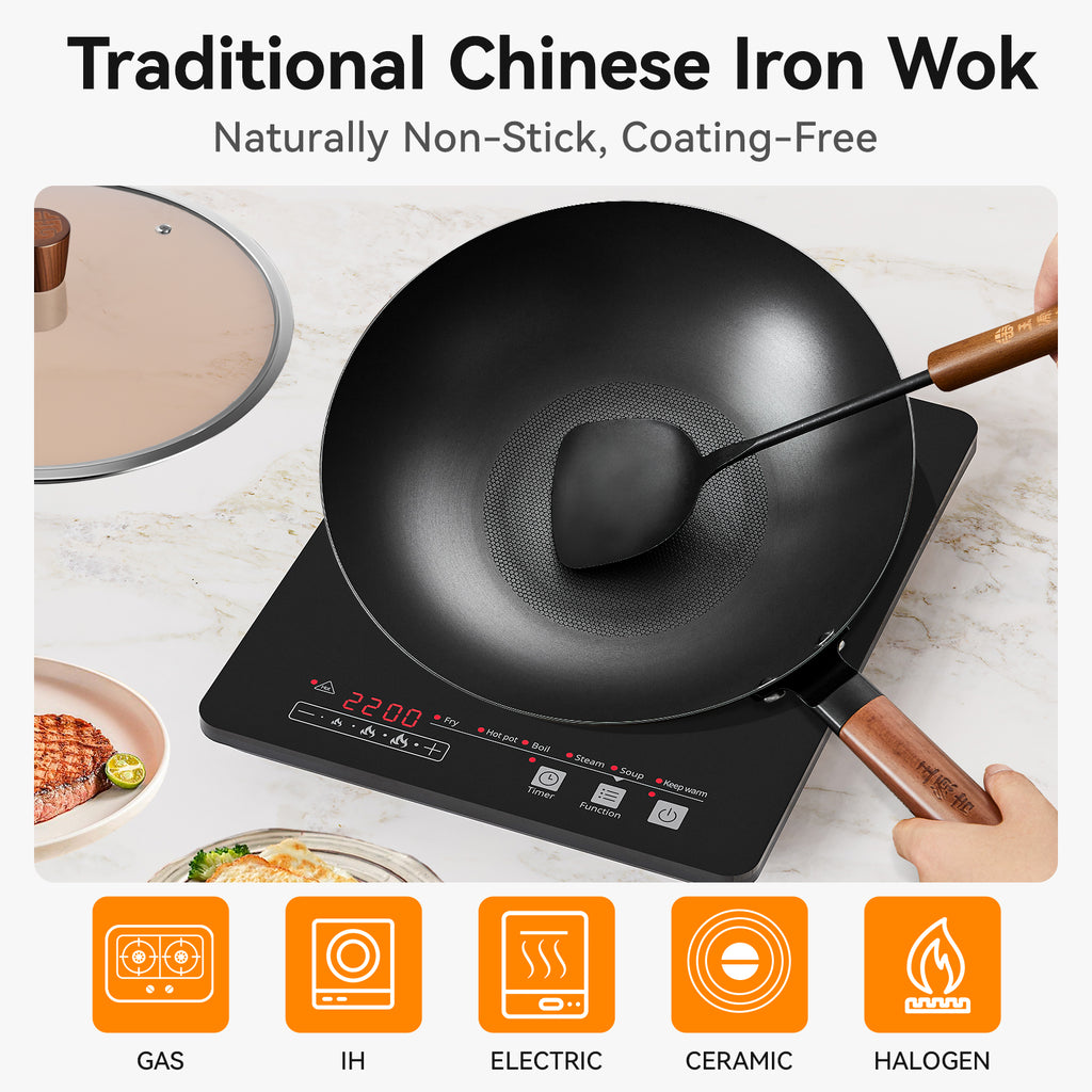 Wangyuanji 12,6" Wok léger en acier au carbone, wok en fer chinois avec couvercle en verre - Fond plat texturé nid d'abeille pour antiadhésif physique, compatible avec toutes les plaques de cuisson