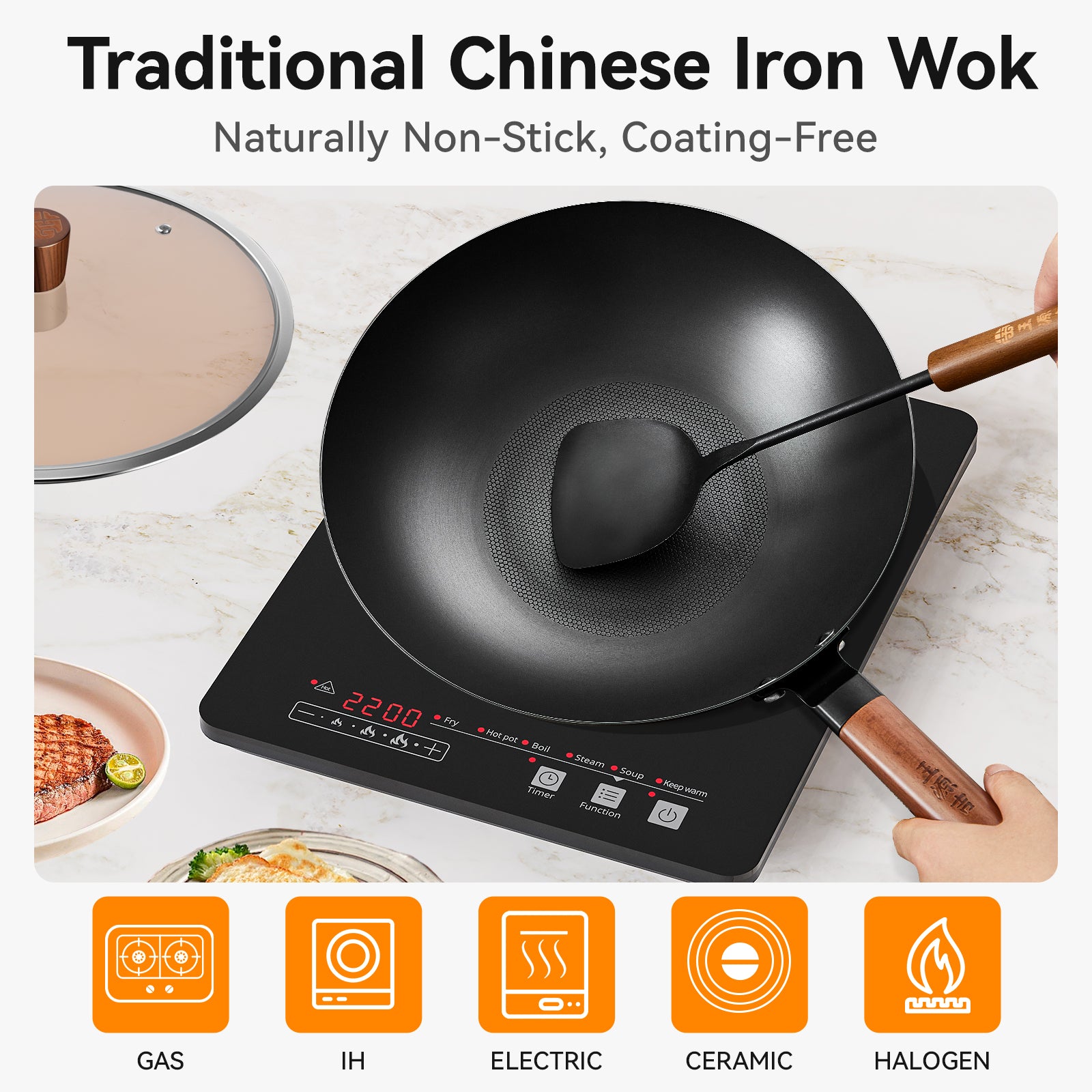 Wangyuanji 12,6" Wok léger en acier au carbone, wok en fer chinois avec couvercle en verre - Fond plat texturé nid d'abeille pour antiadhésif physique, compatible avec toutes les plaques de cuisson