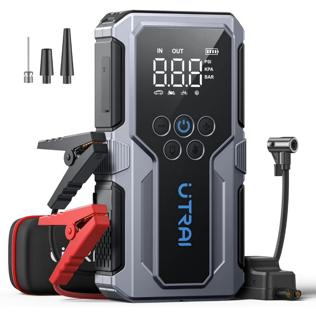 UTRAI JS-9 3000A Booster de démarrage pour voiture avec compresseur d'air 150 PSI, batterie externe QC 18 W, chargeur de batterie de voiture 12 V, écran LED et lampe de poche à 3 modes