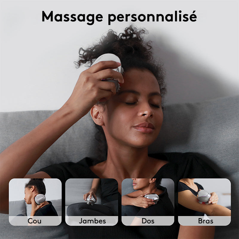 Breo Scalp Mini Masseur de cuir chevelu portable IPX7 étanche et rechargeable, avec base de charge en bambou et nodules de massage amovibles - Argent