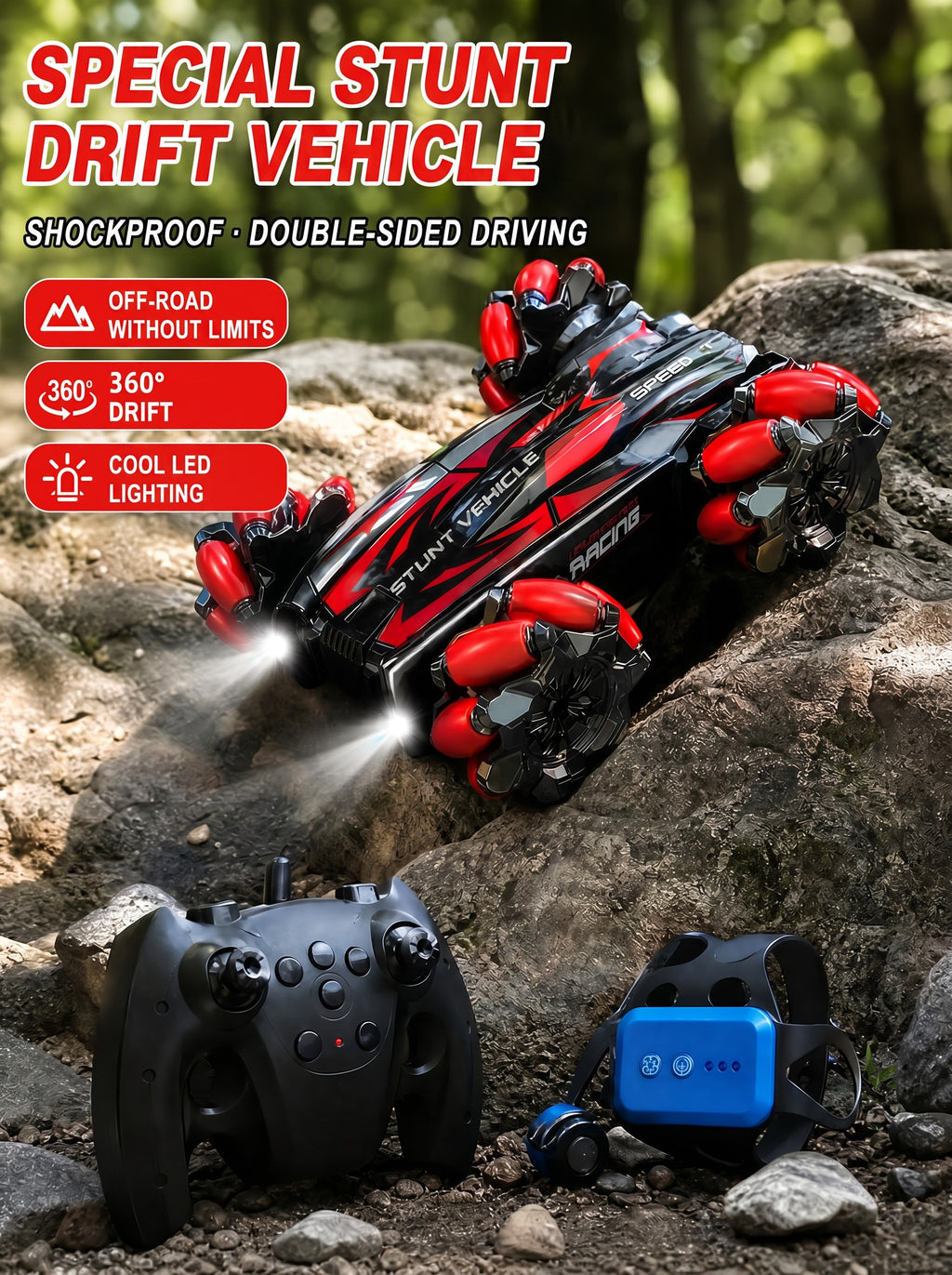 2,4 g RC Voiture de Cascade Méca Numa Roues Drift 360° Voiture Jouet Télécommandée pour Enfants à Partir de 6 Ans One Piece en Rouge.