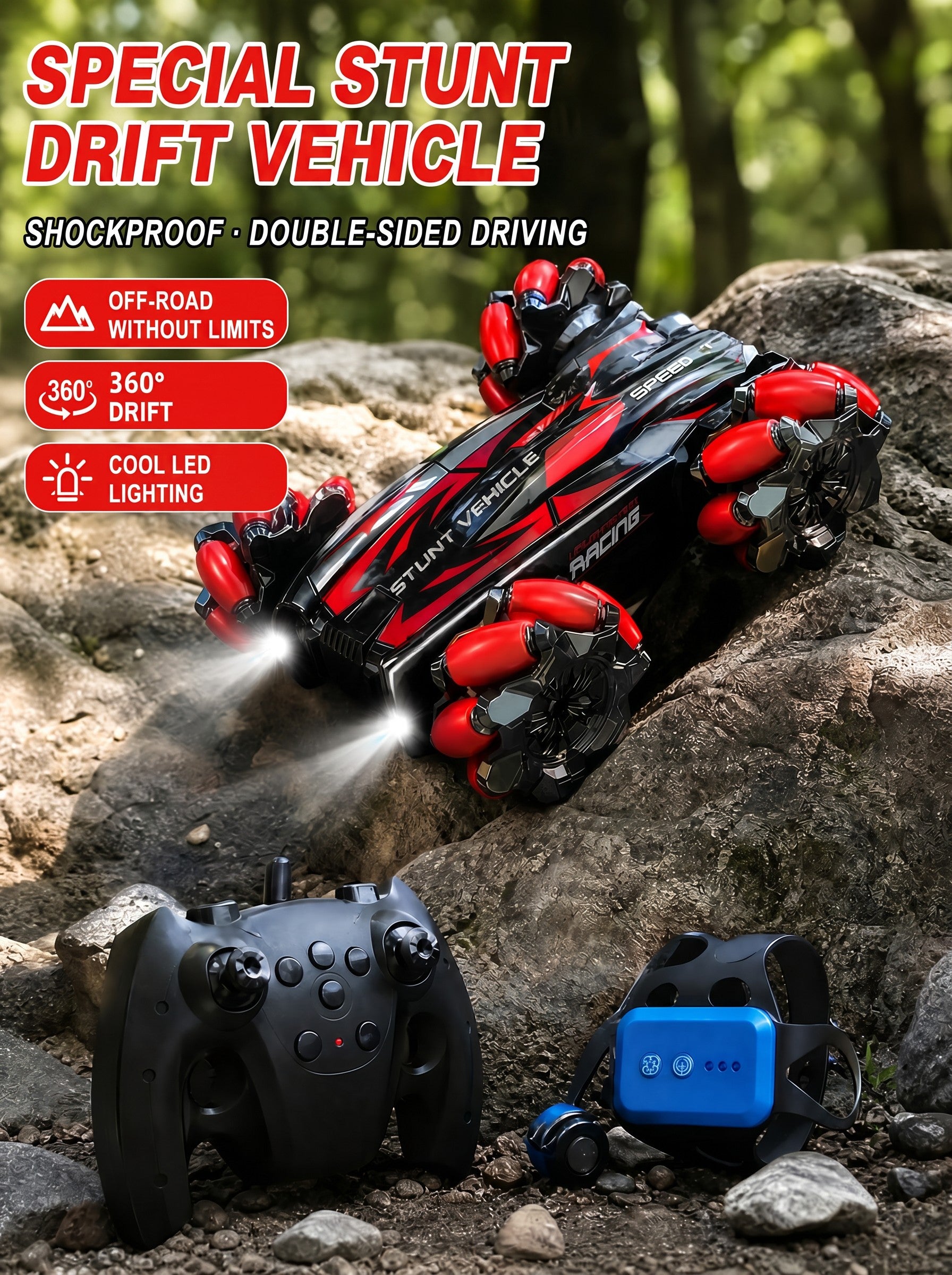 2,4 g RC Voiture de Cascade Méca Numa Roues Drift 360° Voiture Jouet Télécommandée pour Enfants à Partir de 6 Ans One Piece en Rouge.