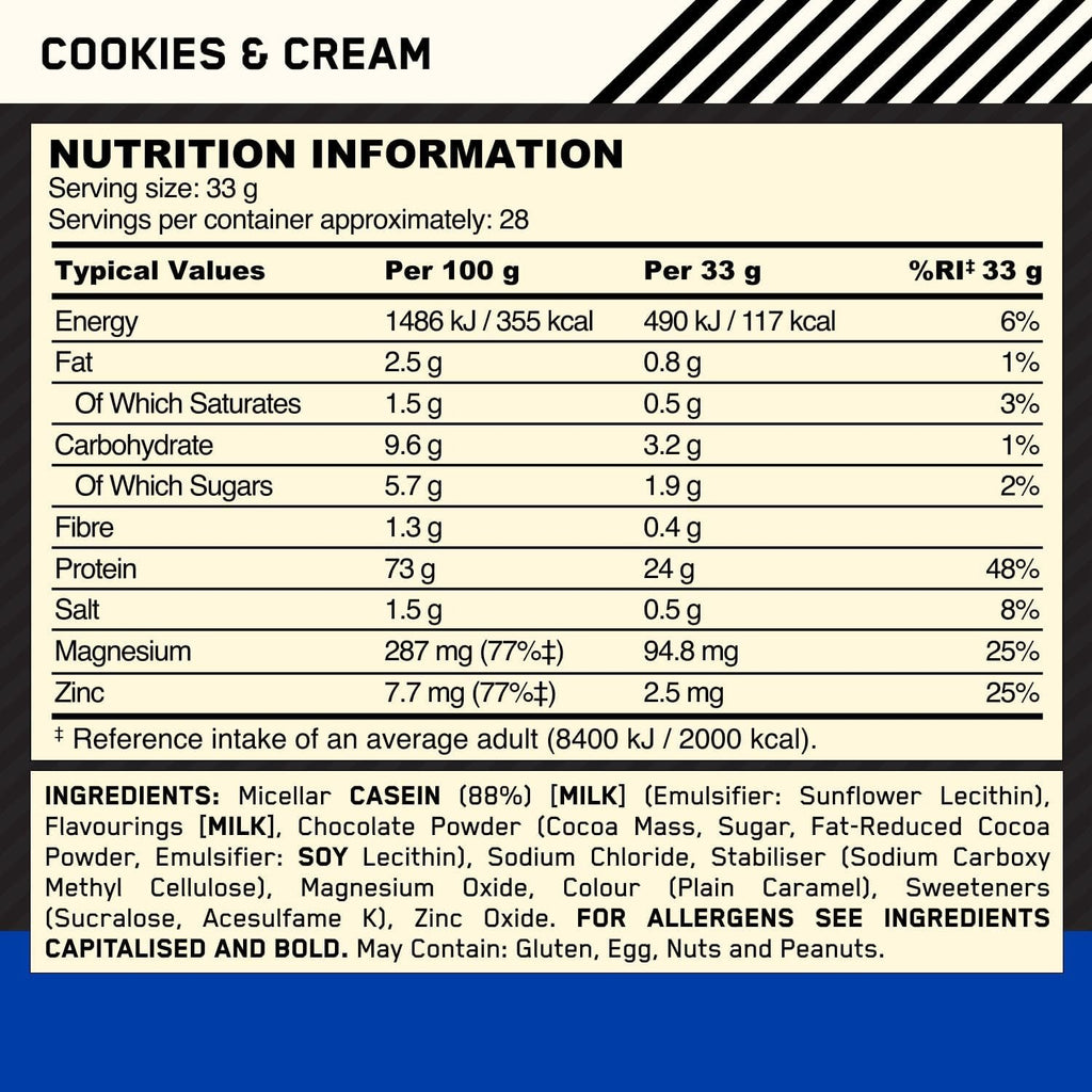 Optimum Nutrition Gold Standard 100 % Caséine en Poudre, Cookies & Cream 924 g (28 Portions)