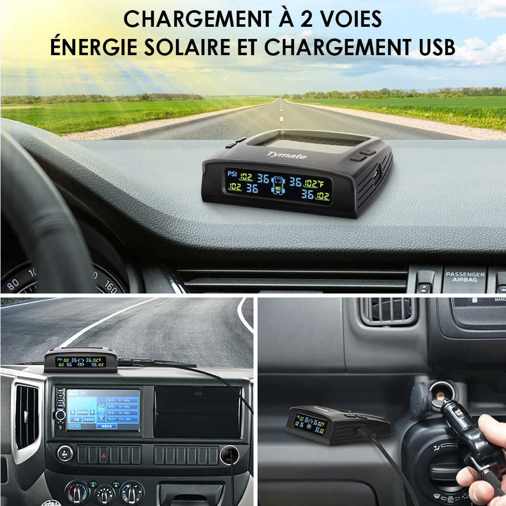 Tymate Système de surveillance de la pression des pneus pour camping-car, À énergie solaire avec 4 capteurs, 0 à 87 PSI, 6 modes d'alarme, Écran LCD couleur