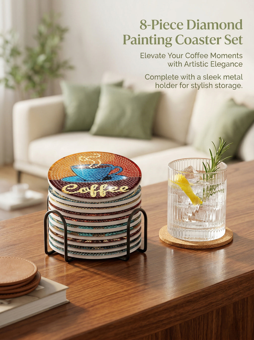 Ju7cer Ensemble de sous-verres de peinture diamant café - 8 pièces carrés sous-verres d'art décoratif avec support | Bricolage DIY pour adultes 4×4 pouces (10×10 cm)