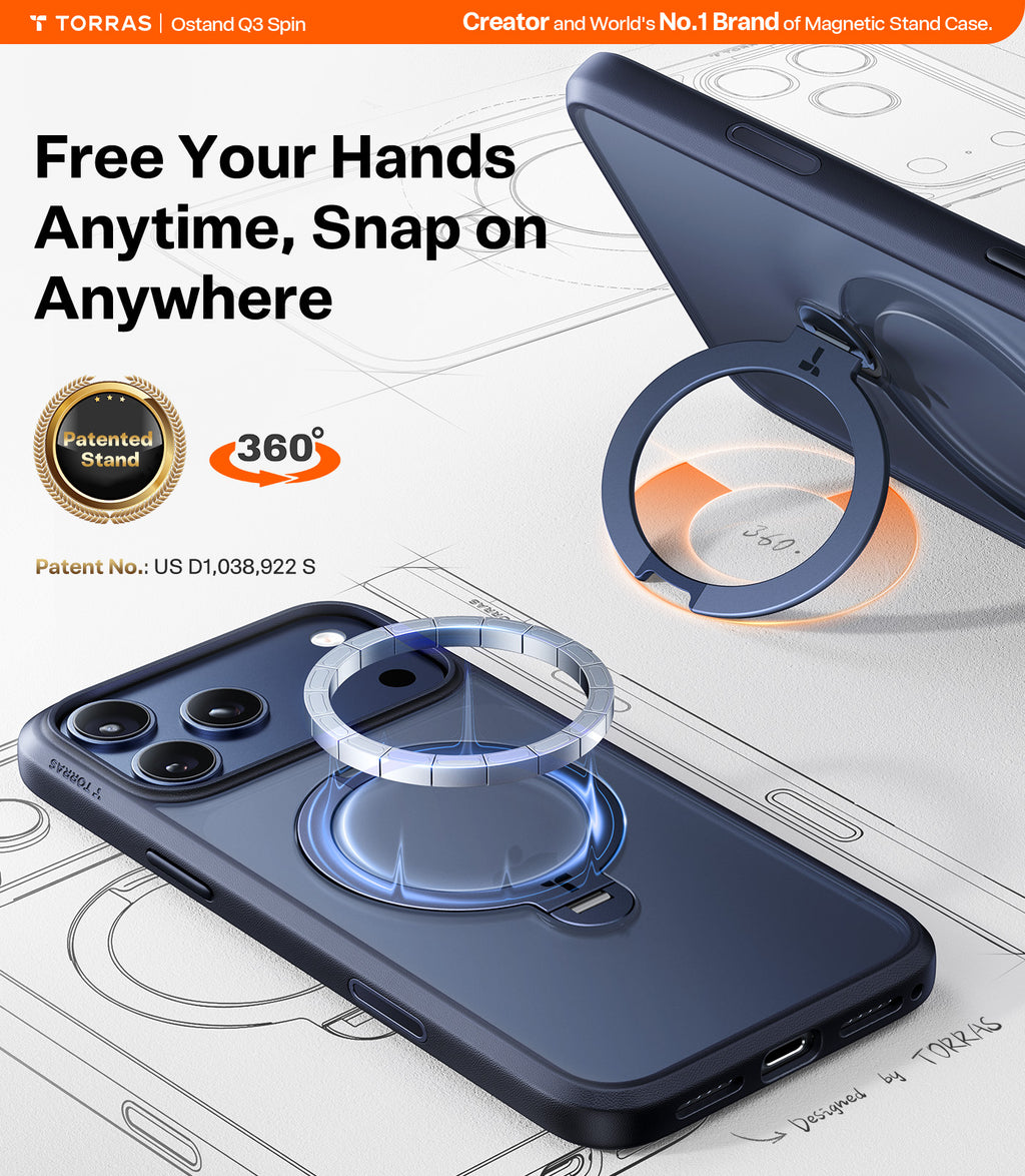 TORRAS Ostand Série Spin Coque pour iPhone 17 Pro Max Support Magnétique Rotatif à 360° Protection Militaire Finition Mate Antidérapante et Anti-traces de Doigts - Bleu Marine