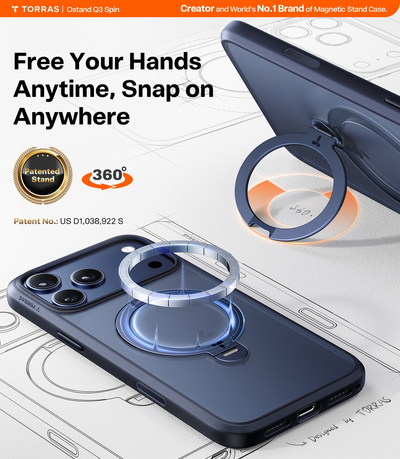 TORRAS Ostand Série Spin Coque pour iPhone 17 Pro Max Support Magnétique Rotatif à 360° Protection Militaire Finition Mate Antidérapante et Anti-traces de Doigts - Bleu Marine