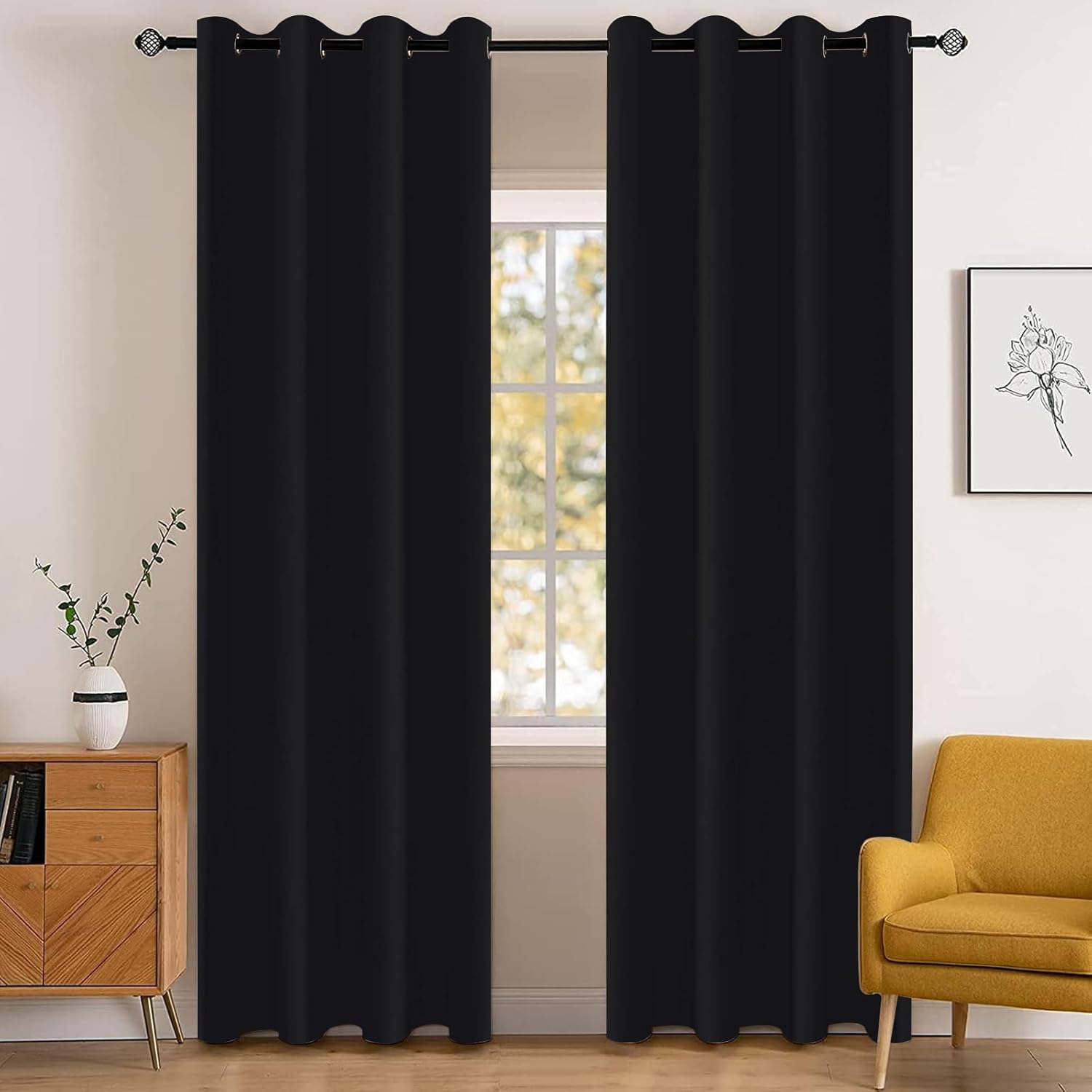 YSTYLE Rideaux Occultants pour Chambre et Salon - Lot de 2 Panneaux Isolants Thermiques Rideaux Obscurcissants, 140x280 cm, ZGB, Noir