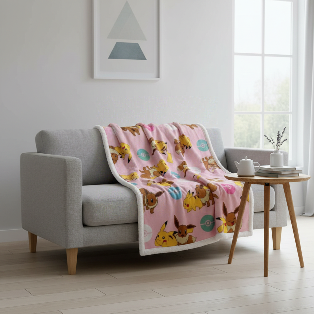 WT&T Plaid en sherpa Pokémon 100 x 150 cm - Pikachu & Évoli, Rotatif