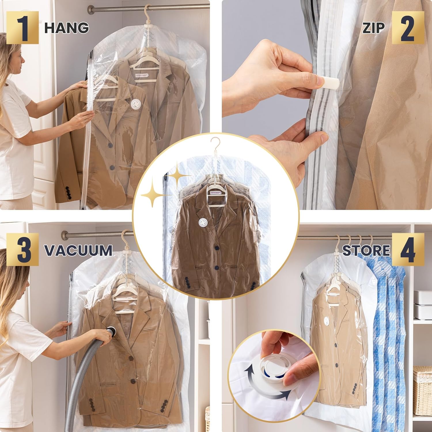 Taili Sacs de rangement sous vide à suspendre gain de place pour vêtements, manteaux, organiseurs de placard, Lot de 4 (2 longs, 2 courts) Bleu