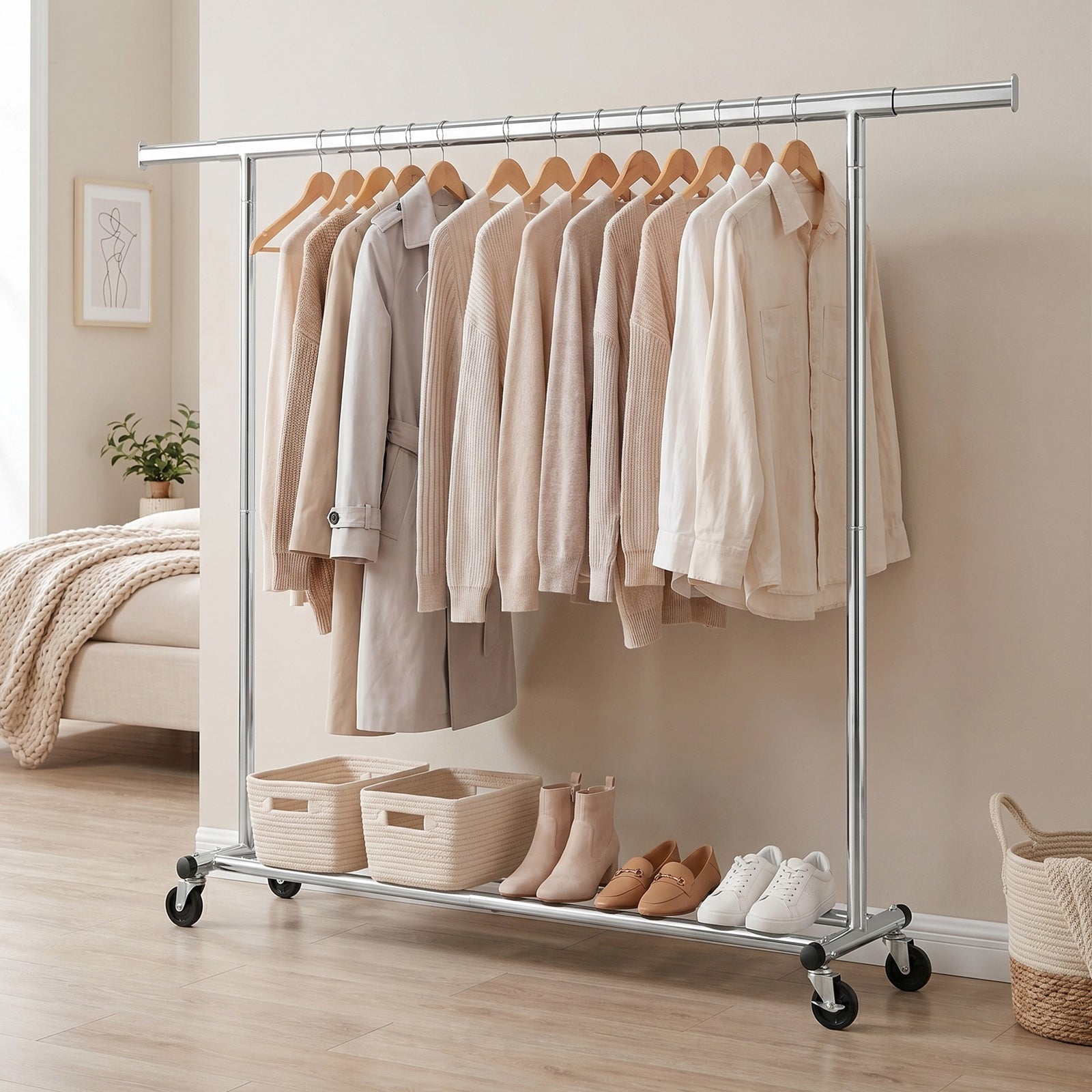JOYFURNOS Portant à Vêtements sur Roulettes, Portant à Vêtements Réglable, Robuste, Pour Chambre, Capacité 150 kg, Montage Facile, Argent