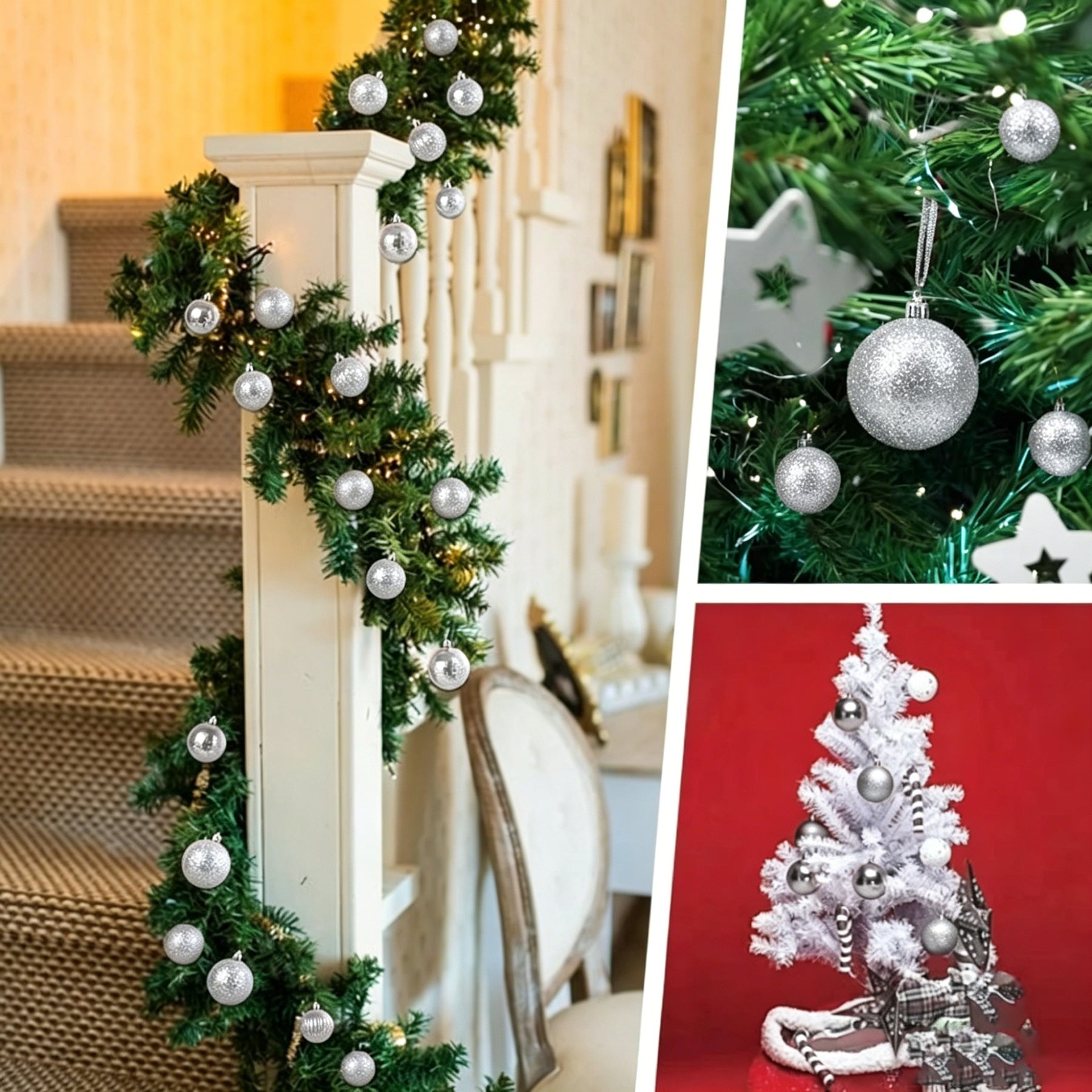 Ju7cer 24 boules de Noël incassables, 6 cm/2,36 pouces, guirlande prête à suspendre pour sapin de Noël, convient pour Noël/Halloween/mariage/anniversaire, argenté