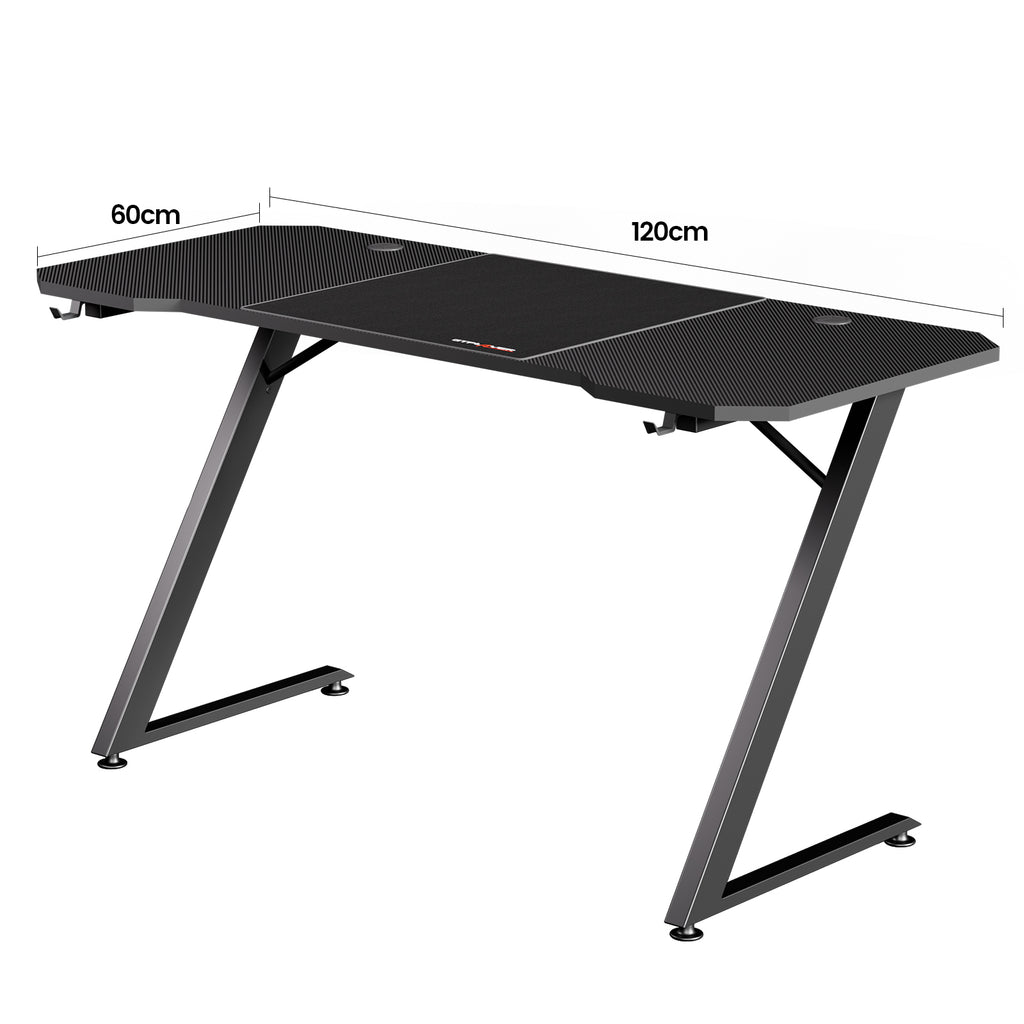 GTPlayer Bureau de jeu robuste, 120 x 60 cm, Surface en fibre de carbone, Crochet pour casque, Noir