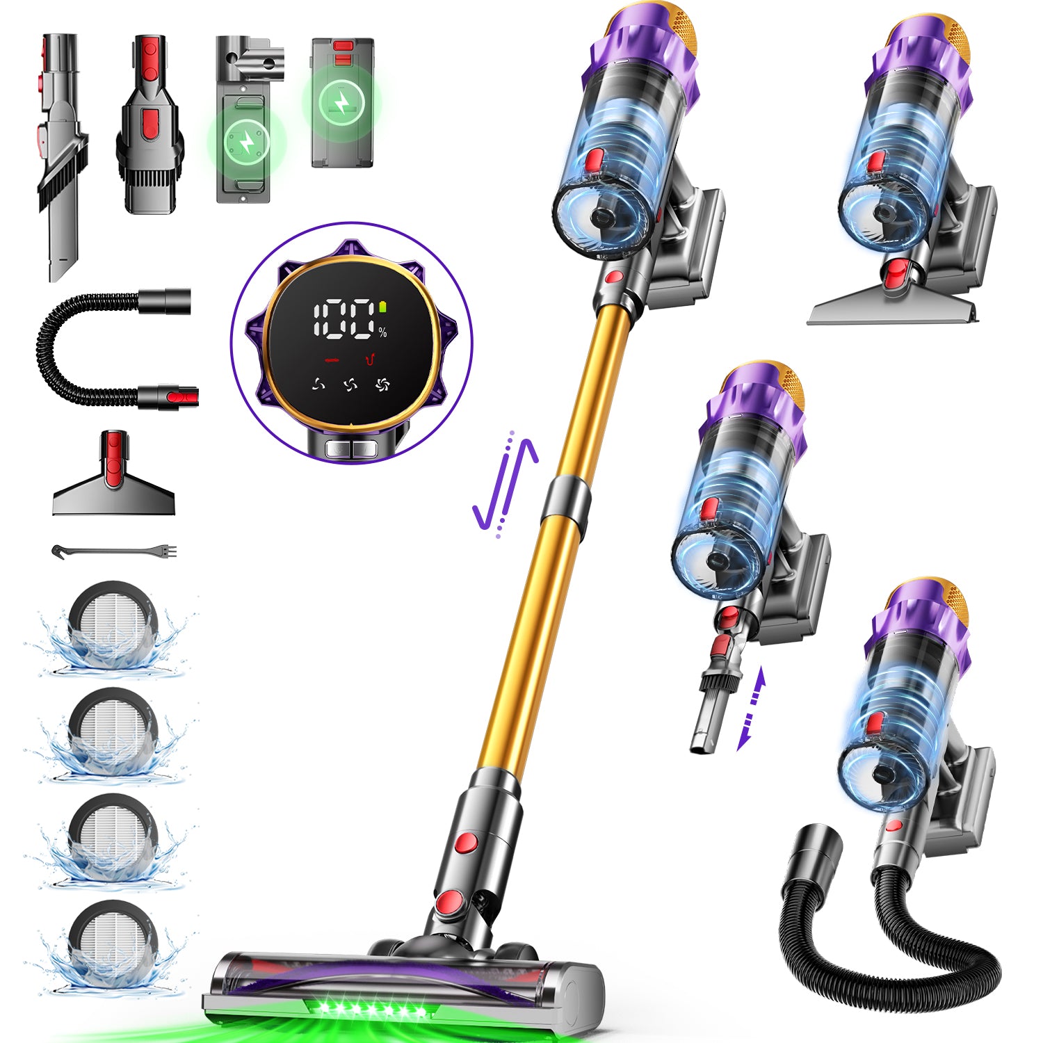 Daynee Aspirateur sans fil 65 kPa/70 min avec écran, tuyau de 1 m et brosse anti-enchevêtrement, HEPA*4, pour poils d'animaux, tapis et sols durs
