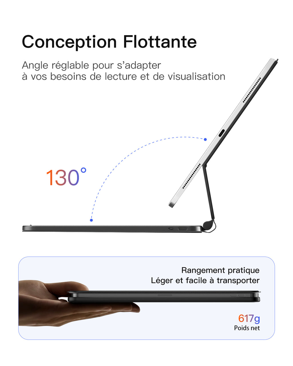 Inateck Housse Clavier magnétique pour iPad Air 11" M4/M3/M2, Air 5e/4e gen 10,9", Pro 11" (1re-4e gen) : Support Cantilever Flottant, rétroéclairage 7 Couleurs et trackpad, AZERTY