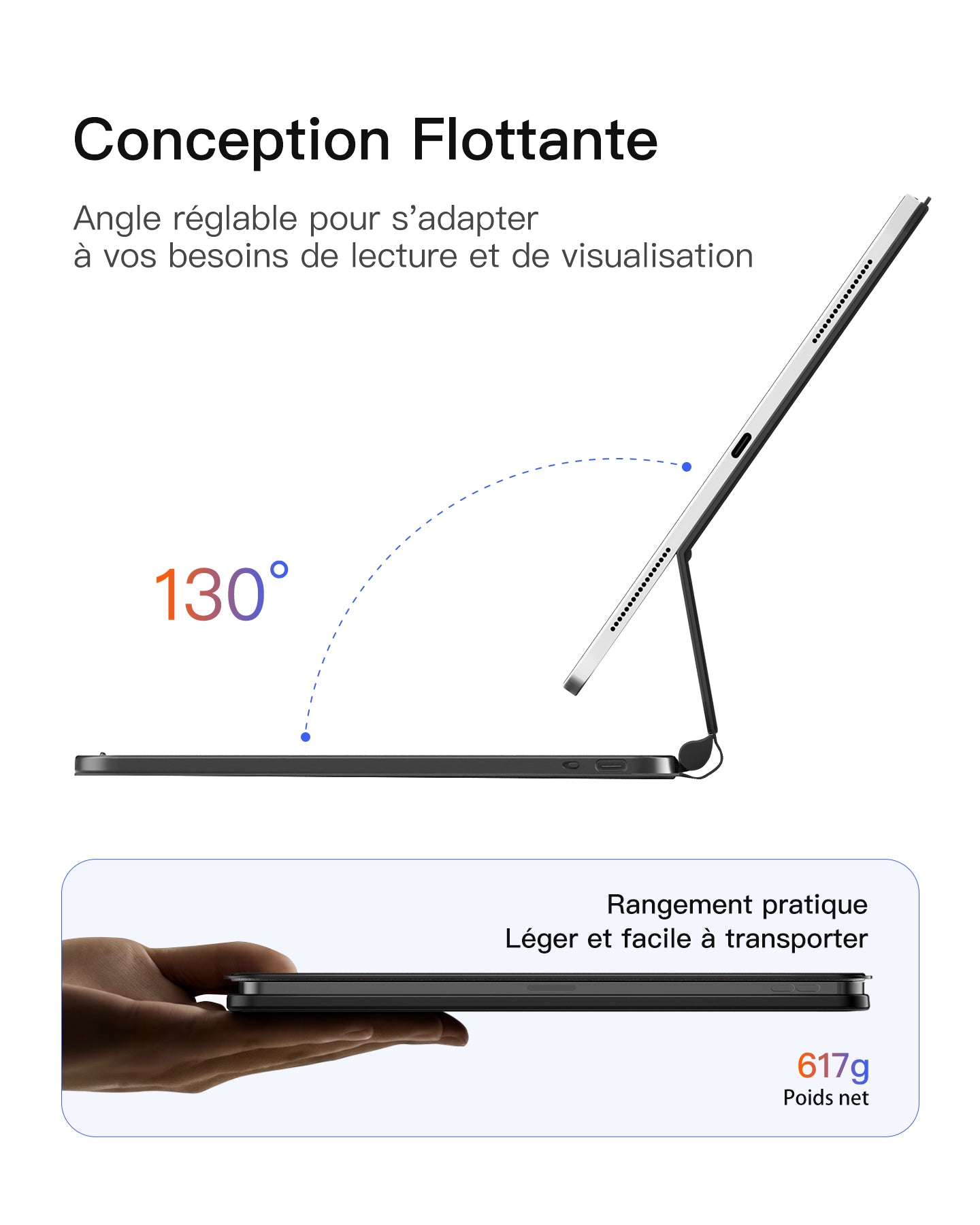 Inateck Housse Clavier magnétique pour iPad Air 11" M4/M3/M2, Air 5e/4e gen 10,9", Pro 11" (1re-4e gen) : Support Cantilever Flottant, rétroéclairage 7 Couleurs et trackpad, AZERTY