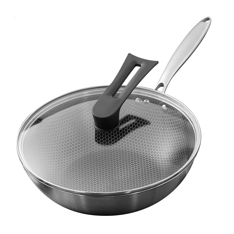 Ochama Wok Antiadhésif -30 cm, Revêtement Nid d'Abeille, Design Anti-éclaboussures, Compatible Gaz, Induction et Vitrocéramique, Couvercle Inclus