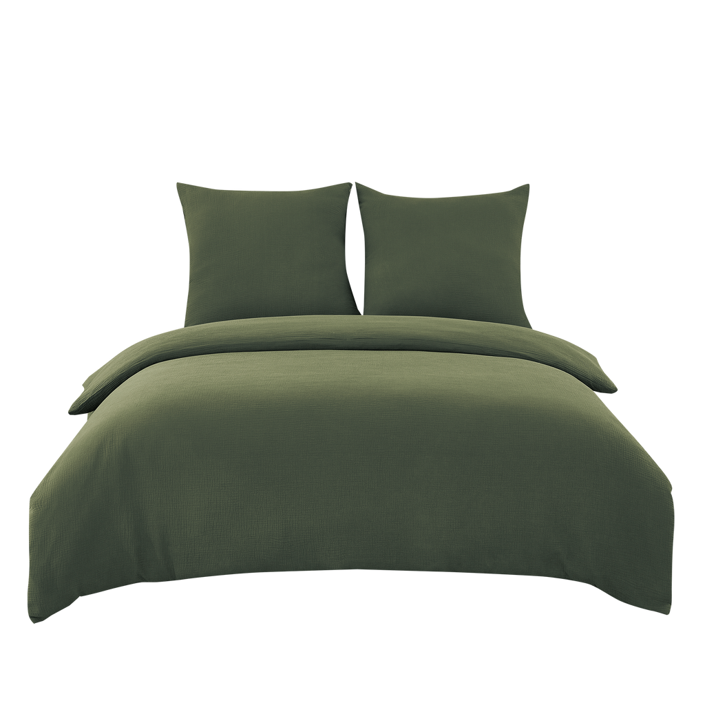 Ensemble housse de couette et taies d'oreiller en double gaze de coton, vert foncé, 140 x 200 cm + 65 x 65 cm x 1