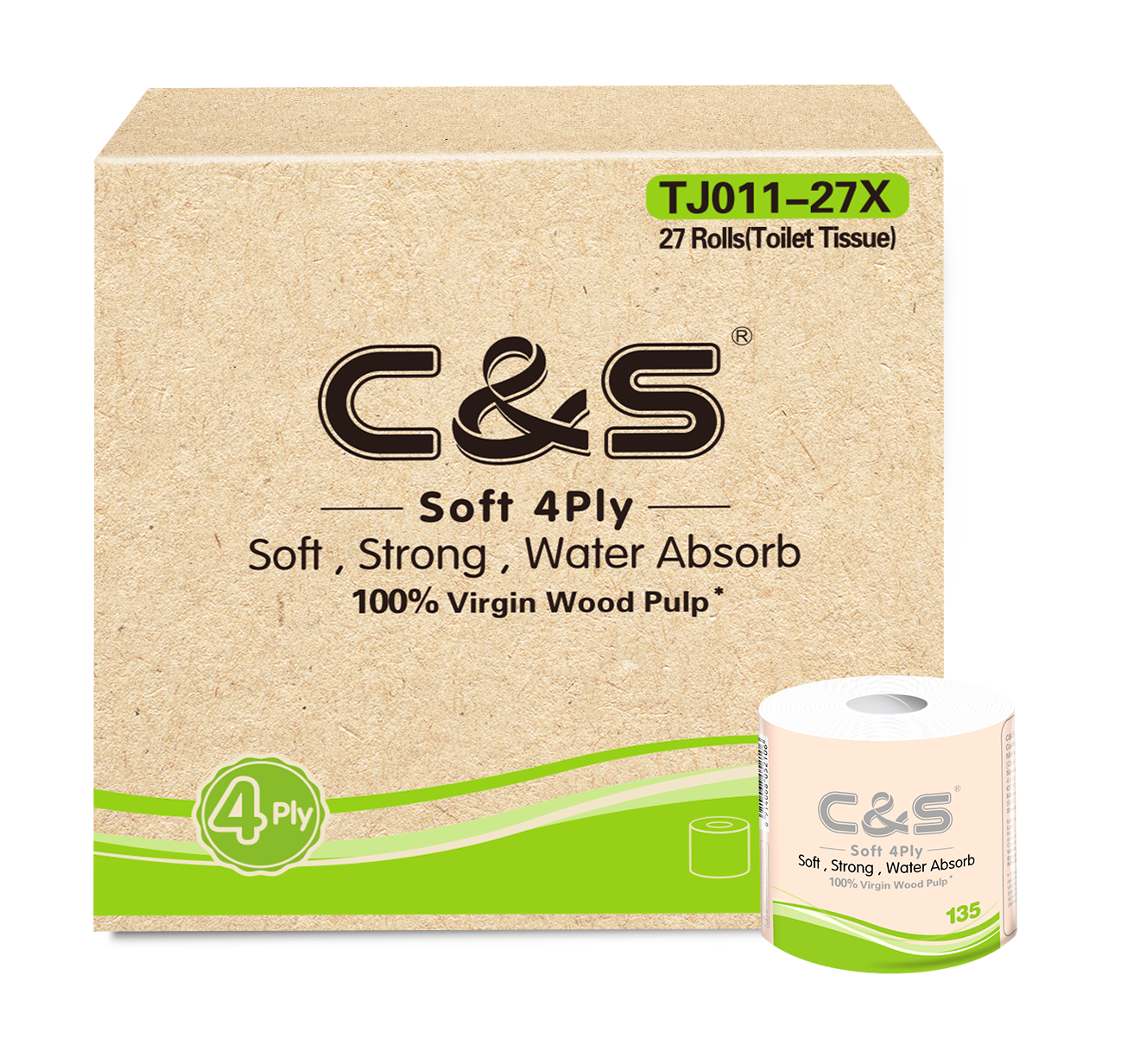 C&S 27 rouleaux de papier toilette 4 épaisseurs en pâte de bois vierge sans parfum - 135 g