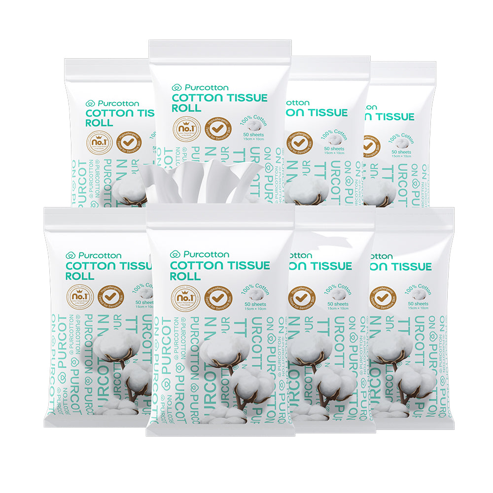 Purcotton Mouchoirs visage 100 % coton paquet voyage 400 feuilles (50 feuilles x 8 paquets) soin doux pour peaux délicates humidité douce