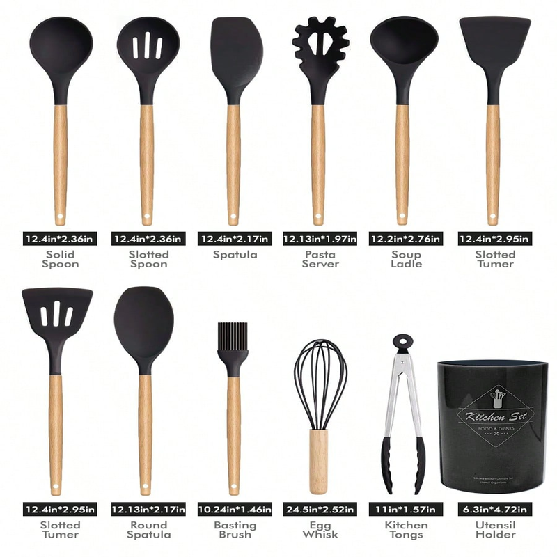 MEOKY Ensemble de 12 ustensiles de cuisine en silicone avec petit porte-objets - Noir