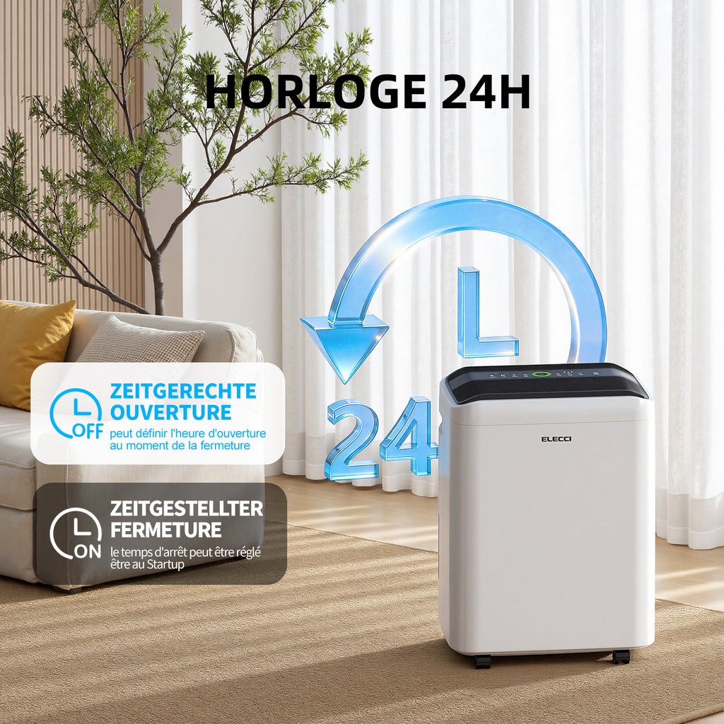 ELECCI Déshumidificateurs 25 L/j, Réservoir d’eau 4,8 L, 3 vitesses, R290, Minuterie 24 h, Évacuation continue avec tuyau d’évacuation, Idéaux pour pièces 50 m².