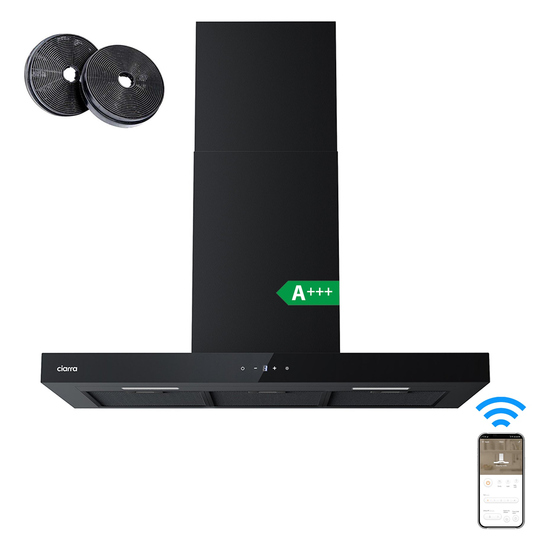 CIARRA Hotte aspirante à recyclage 90 cm, Wi-Fi et commande tactile par application, 650 m³/h, murale, 4 vitesses avec booster, noire, filtres en aluminium, classe énergétique A+++