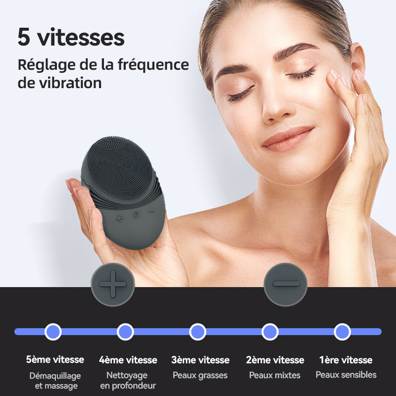 SUNLUXY JMY-103 Brosse nettoyante pour le visage, 5 modes de vibration, nettoyage en douceur avec tête de brosse en silicone, conception portable avec anneau de suspension - Noir