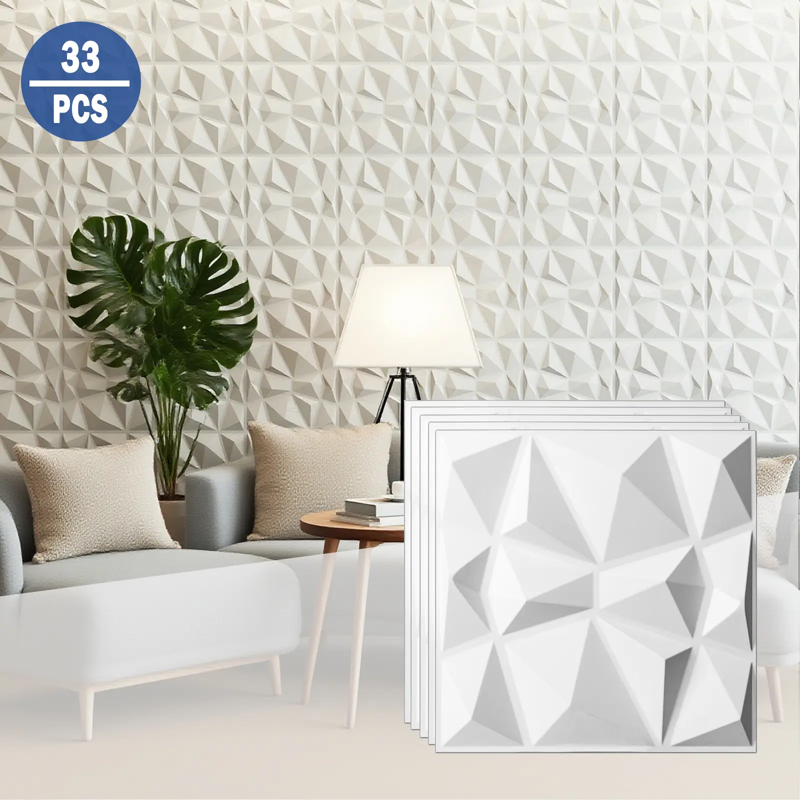 Art3d Panneaux muraux 3D Premium à motif diamant - Blanc 30 x 30 cm (Lot de 33)