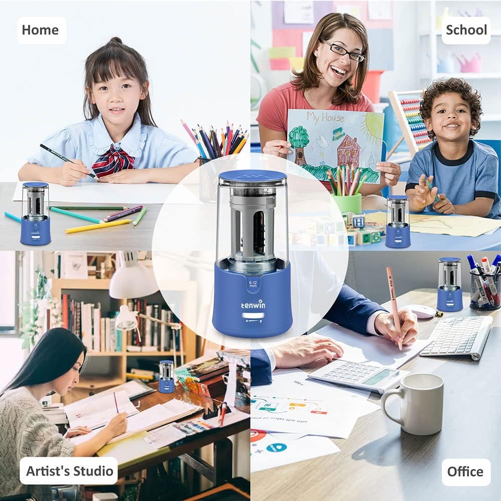 tenwin Taille-crayons électrique avec réservoir, alimentation par adaptateur secteur, pour crayons de couleur 6-12 mm, arrêt automatique, pour artistes, enfants, bureau