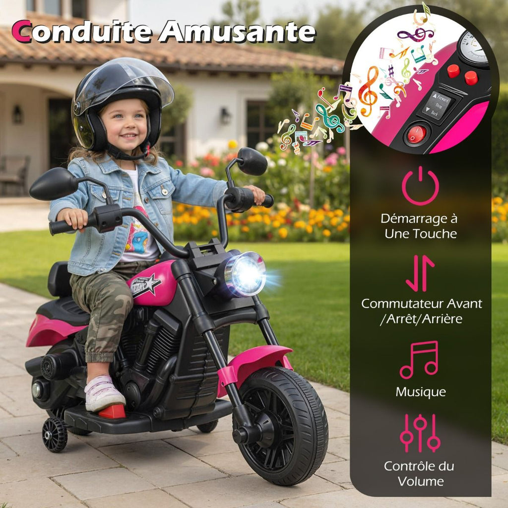 Moto électrique 6 V pour enfants, avec batterie rechargeable, moteur puissant, roues amovibles, démarrage à une touche, convient aux enfants de 3 ans et plus - Rose